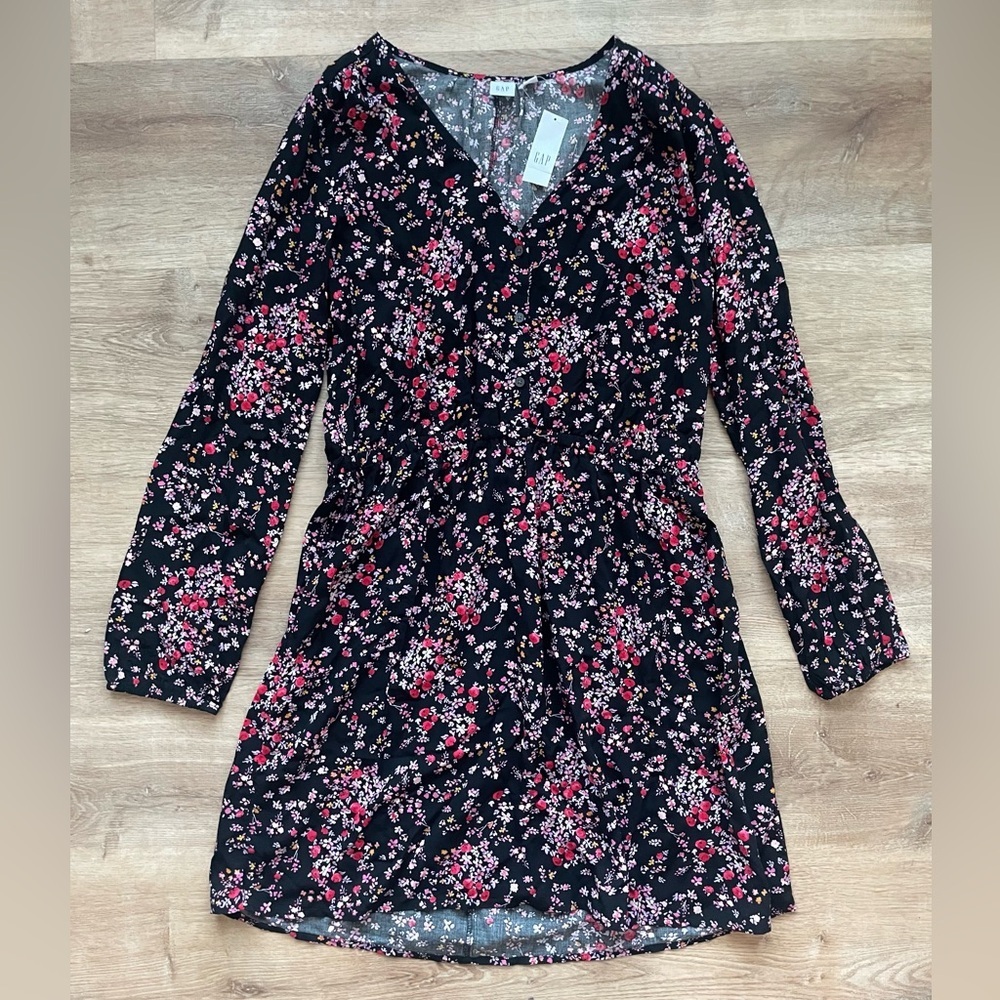 GAP Black Mini Dress with Pink & White Floral Print